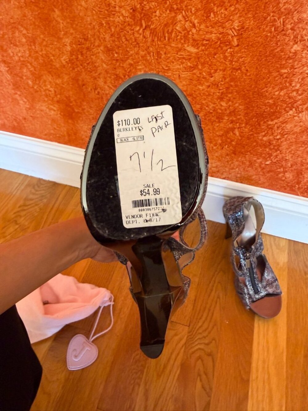 Michael Kors Black Glitter T-Strap Zip Heeled Sandals 7.5